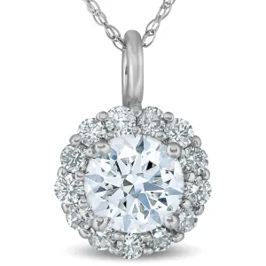 1 Ct Halo Diamond Pendant Necklace 18" 14k White Gold