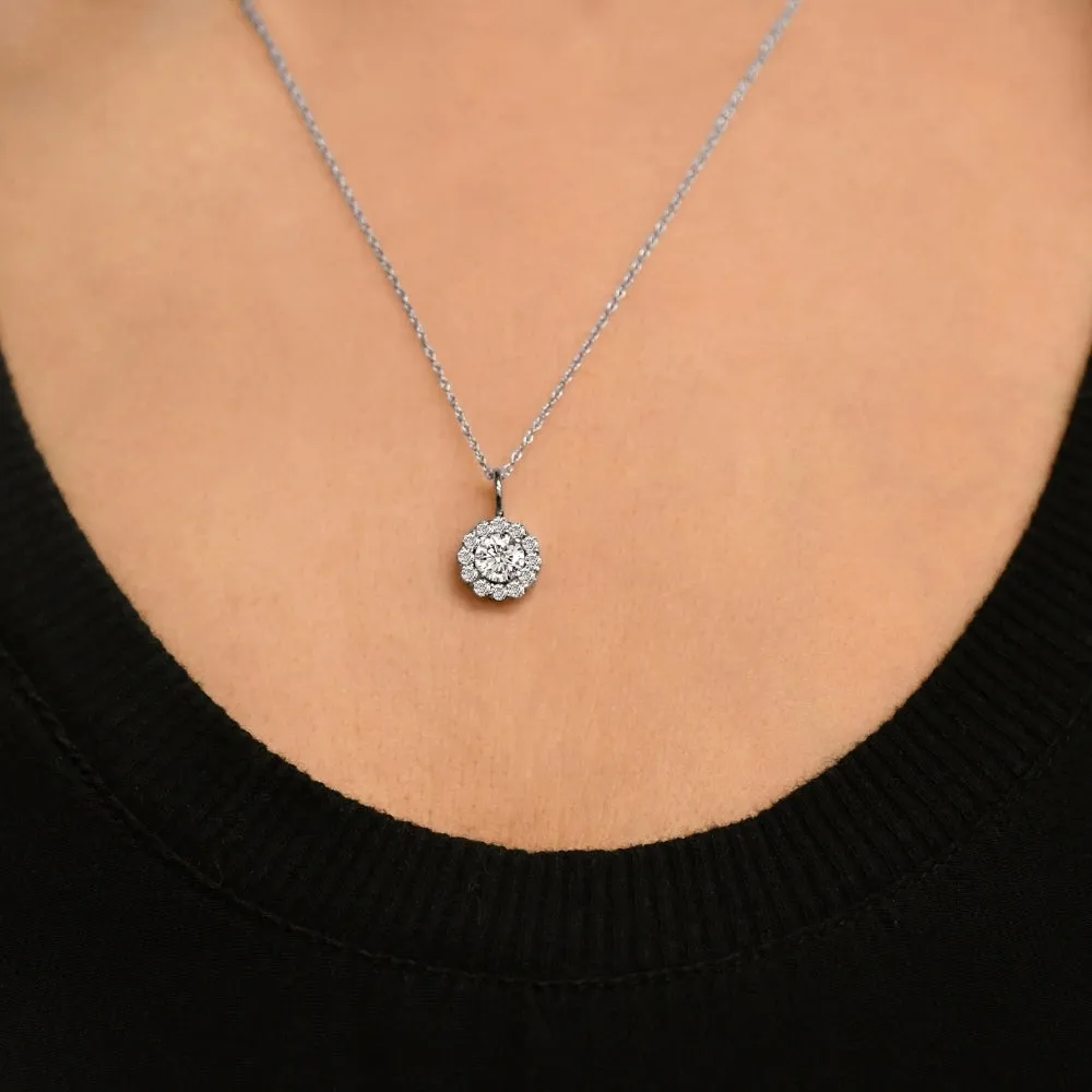 1 Ct Halo Diamond Pendant Necklace 18" 14k White Gold