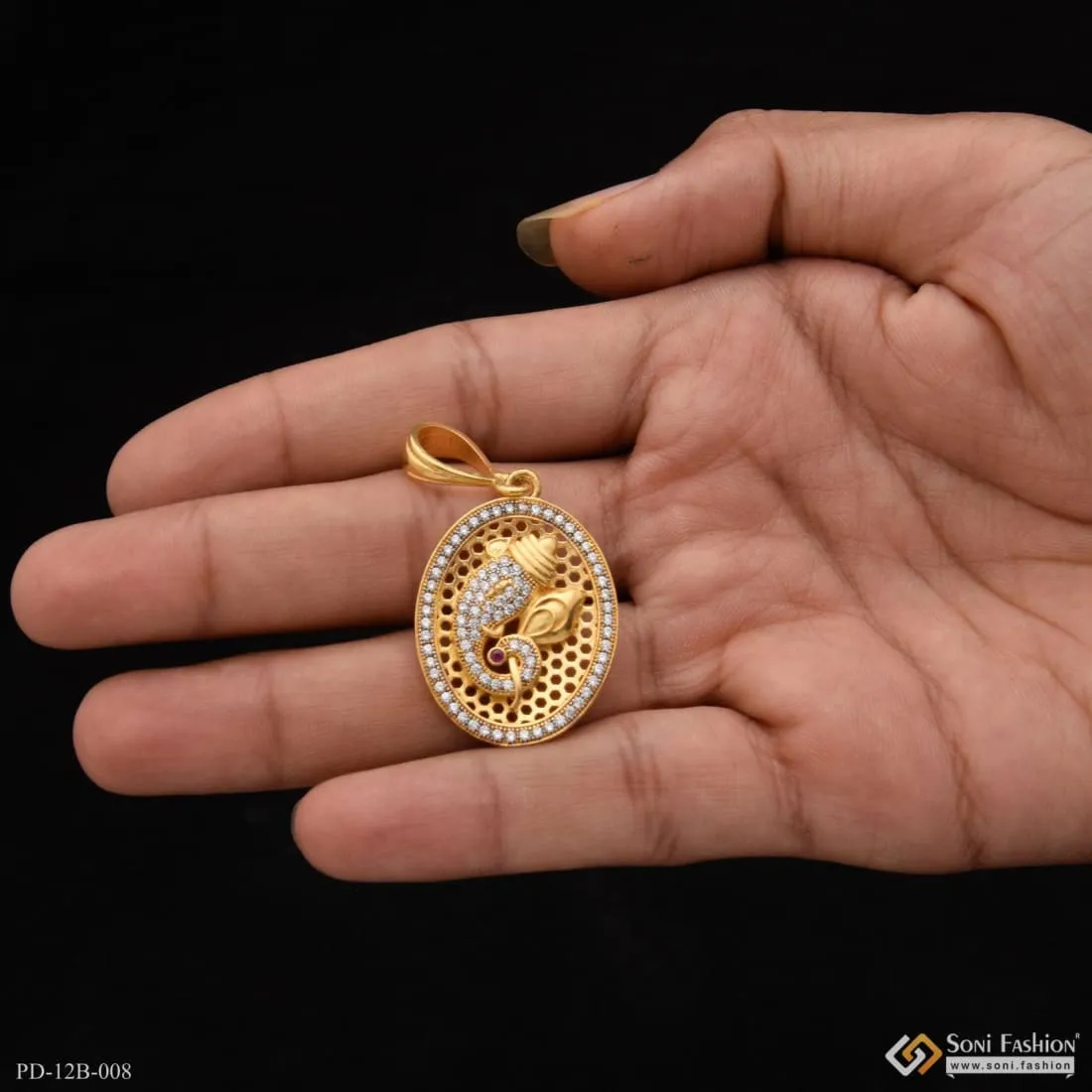 1 Gram Gold Forming Ganpati With Diamond Antique Design Pendant For Men - Style B008