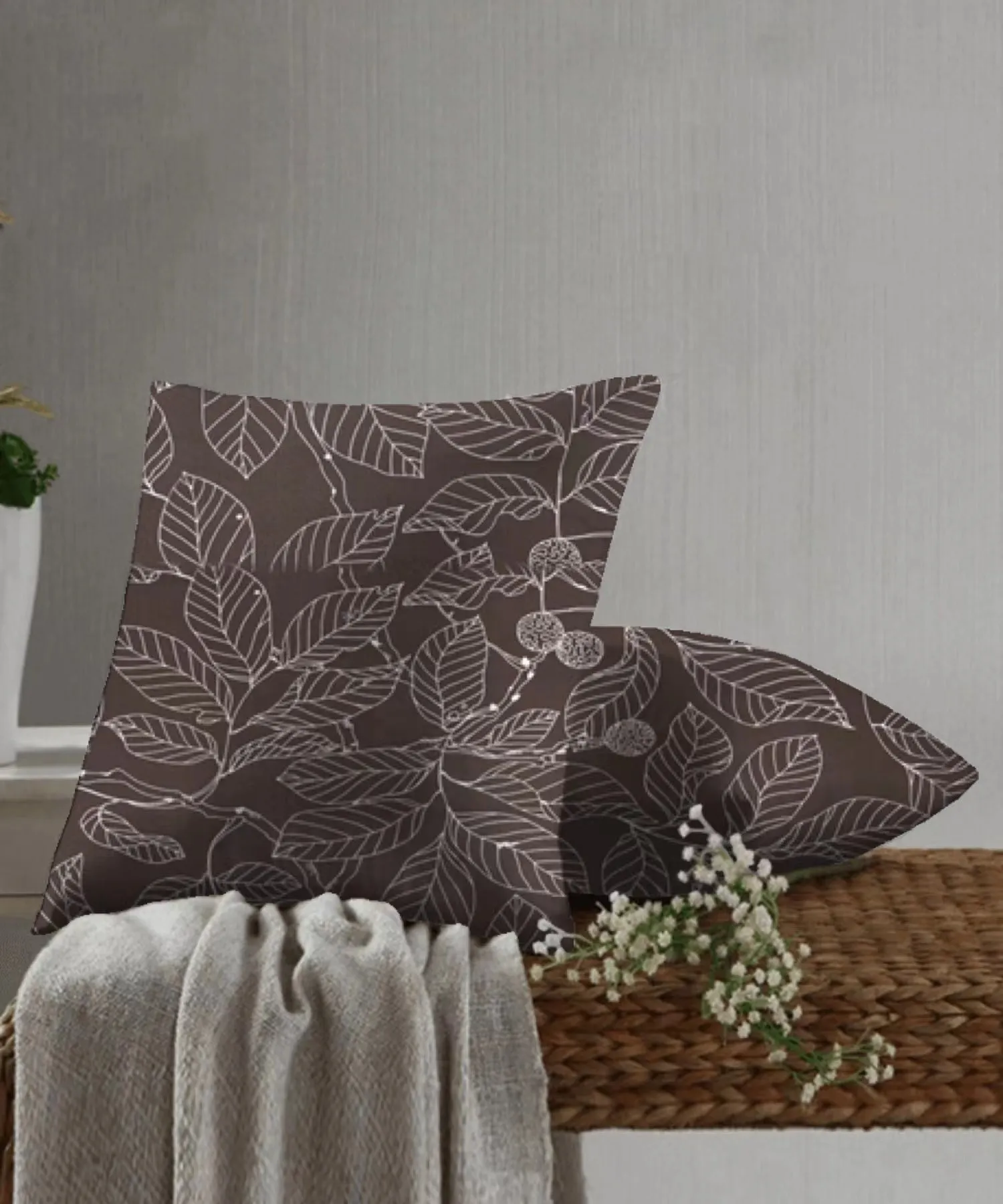 100% Cotton Half Panama Printed Fabric / Canvas printed Fabric / Grey White Leaves Digital Print  Fabric