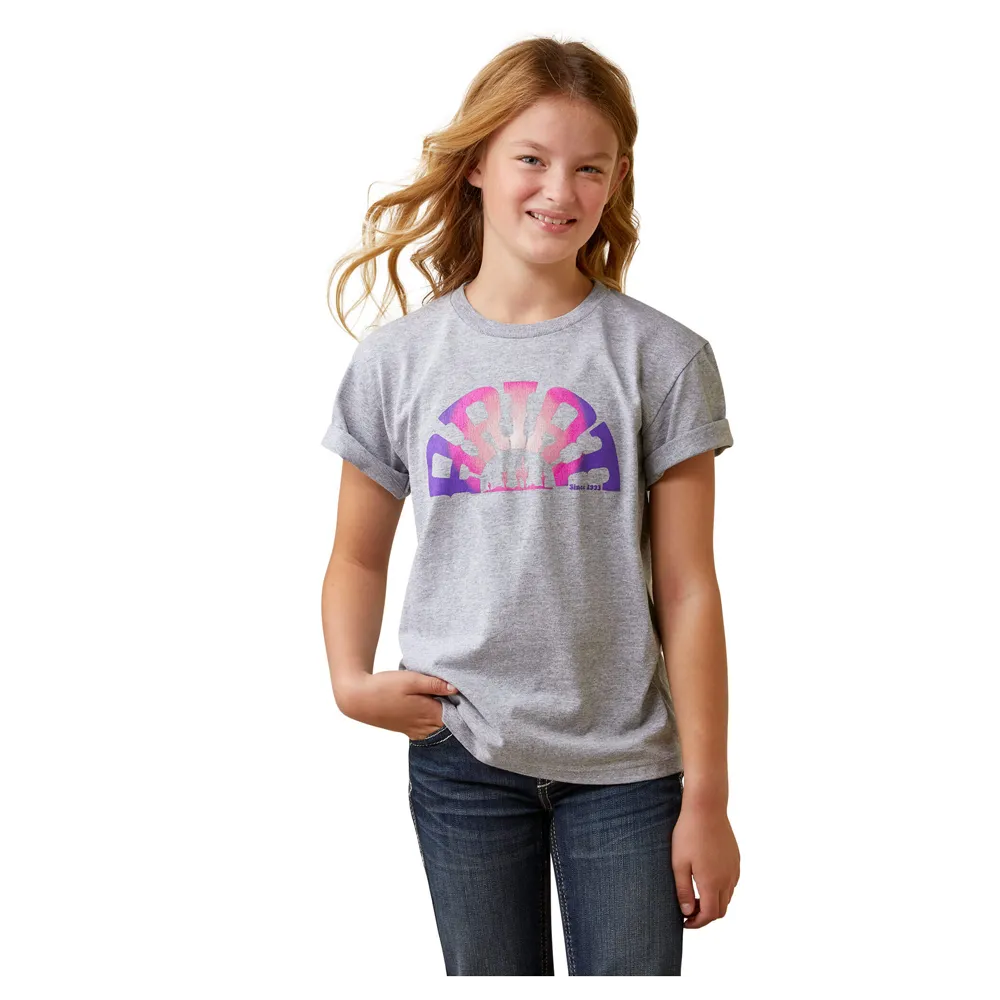 10044611 Ariat Girls' Rainbow Sunset Short Sleeve Tee - Athletic Heather Grey