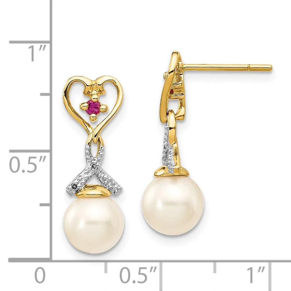 14k 7-8mm FWC Pearl Created Ruby Diamond Heart Dangle Earrings