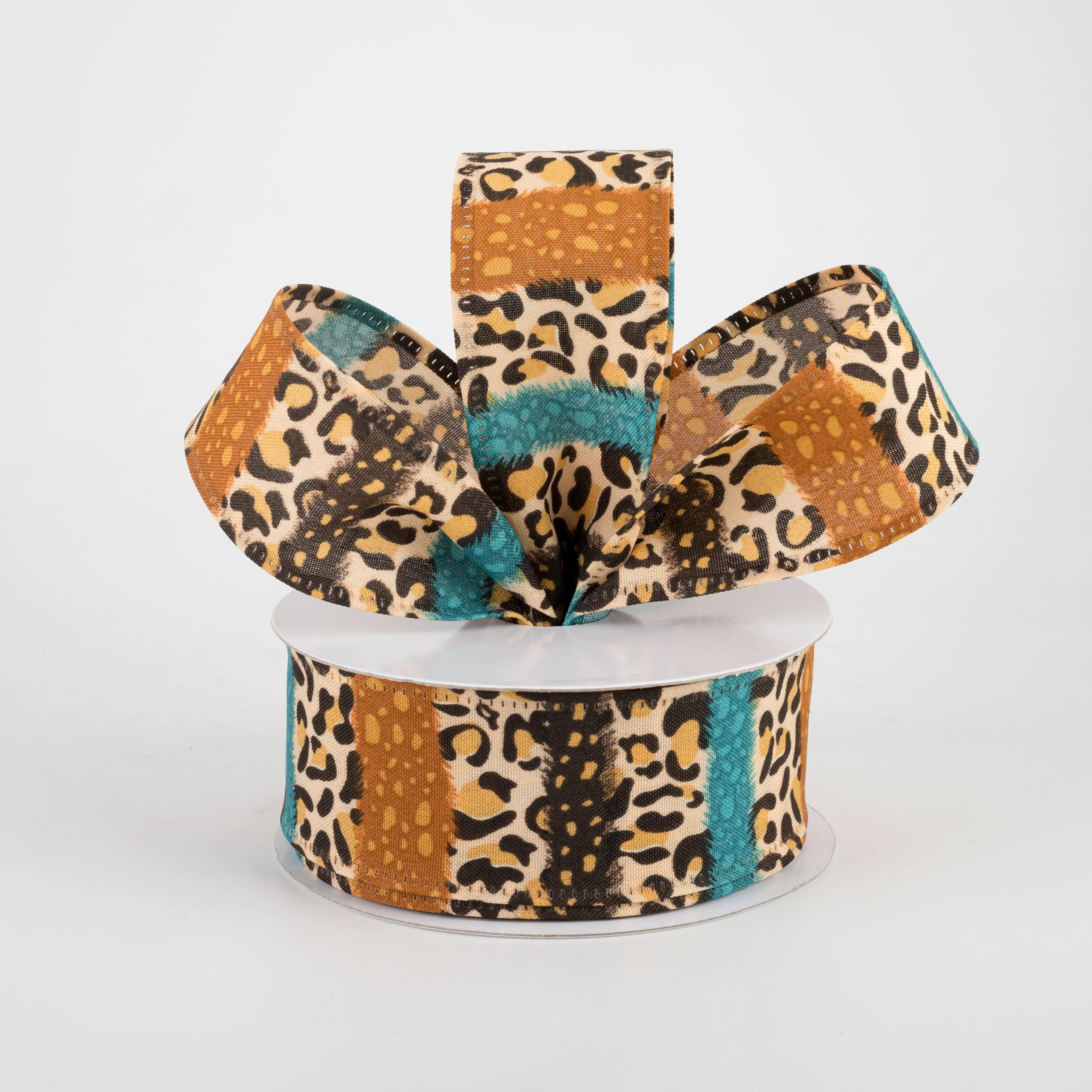 1.5" Fall Cheetah Stripes Ribbon: Teal, Brown (10 Yards)