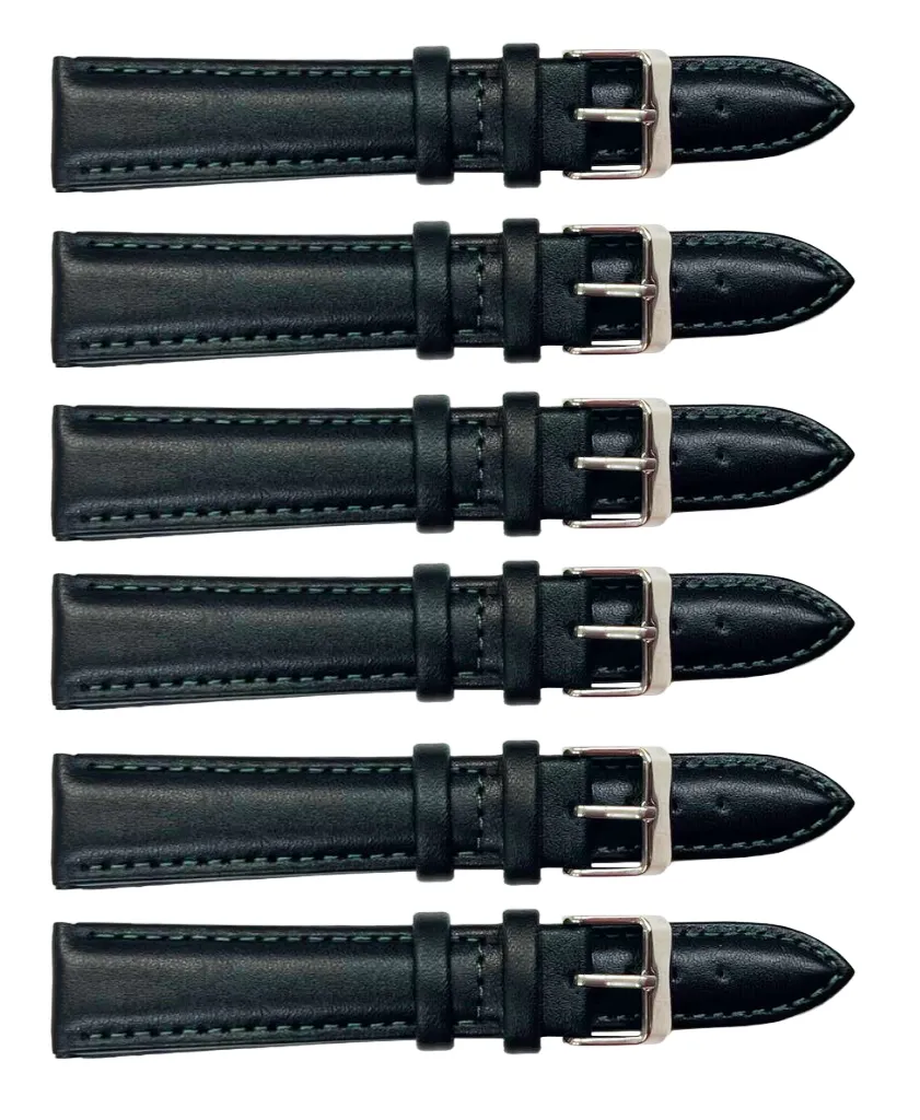 6PCS Black Leather Watch Band Sizes 8MM-24MM Padded w/GREEN Stitches