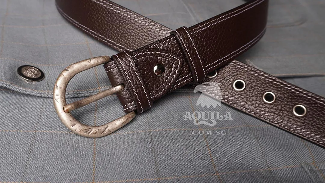 Aquila 40mm double stitch full grain leather belt with eyelets grommets (40502)