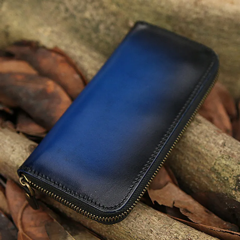 Around Zip Blue Leather Long Wallet Mens Minimalist Zipper Clutch Wallet for Men