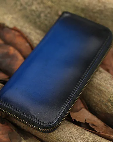 Around Zip Blue Leather Long Wallet Mens Minimalist Zipper Clutch Wallet for Men