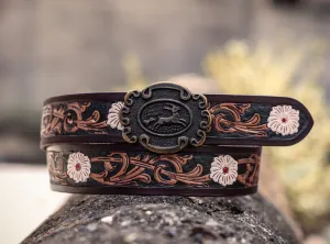 Artisan Brown Leather Tooling Belt: Animal-Inspired Buckle and Floral Accents.Art: LB-801