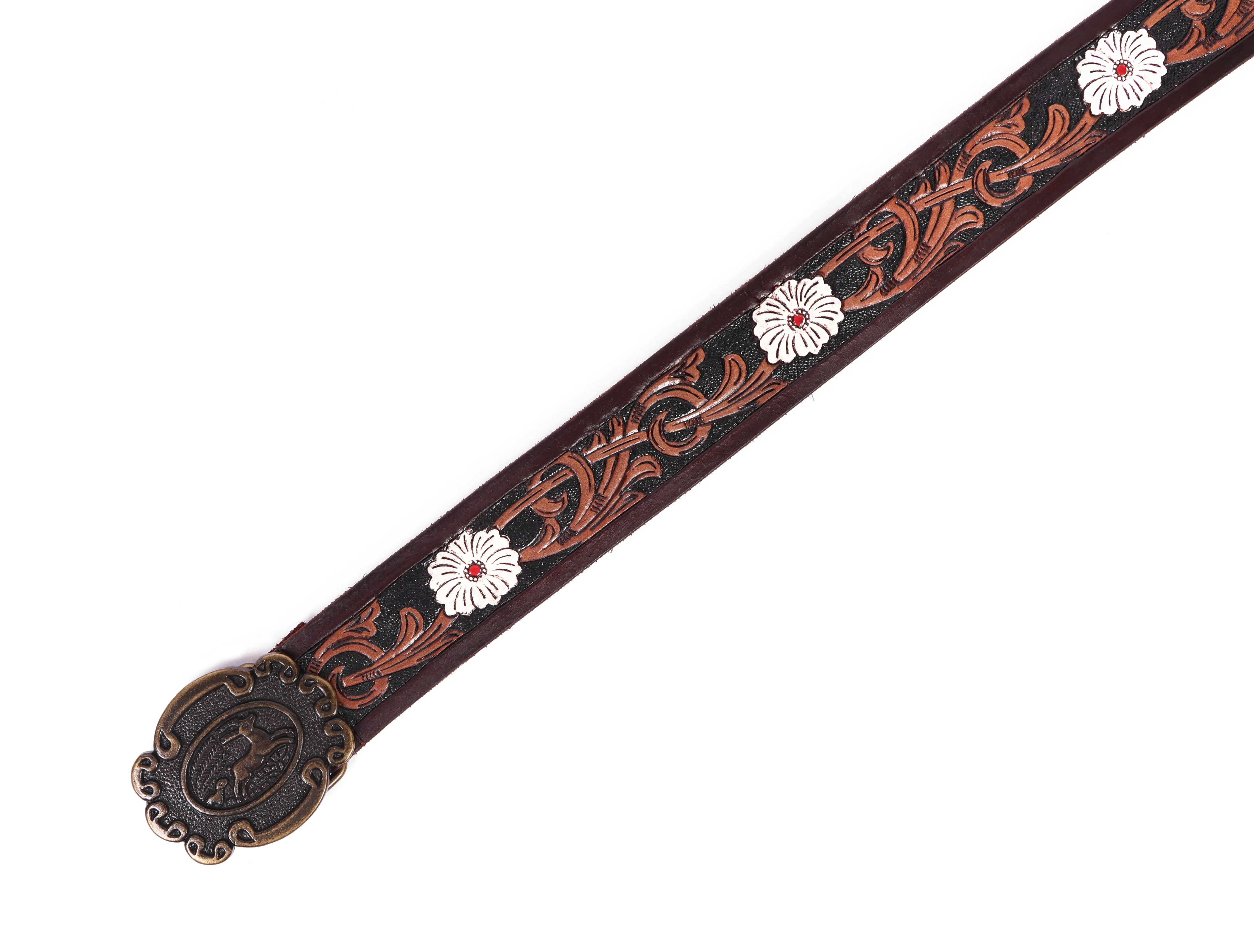 Artisan Brown Leather Tooling Belt: Animal-Inspired Buckle and Floral Accents.Art: LB-801