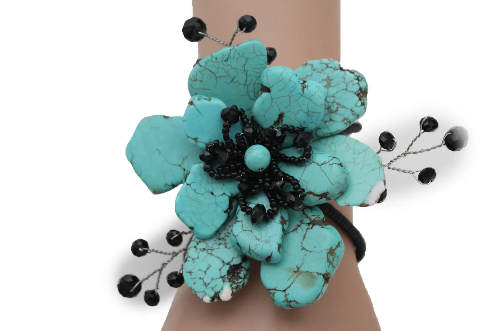 Beaded Stone Flower Bracelet Cuff