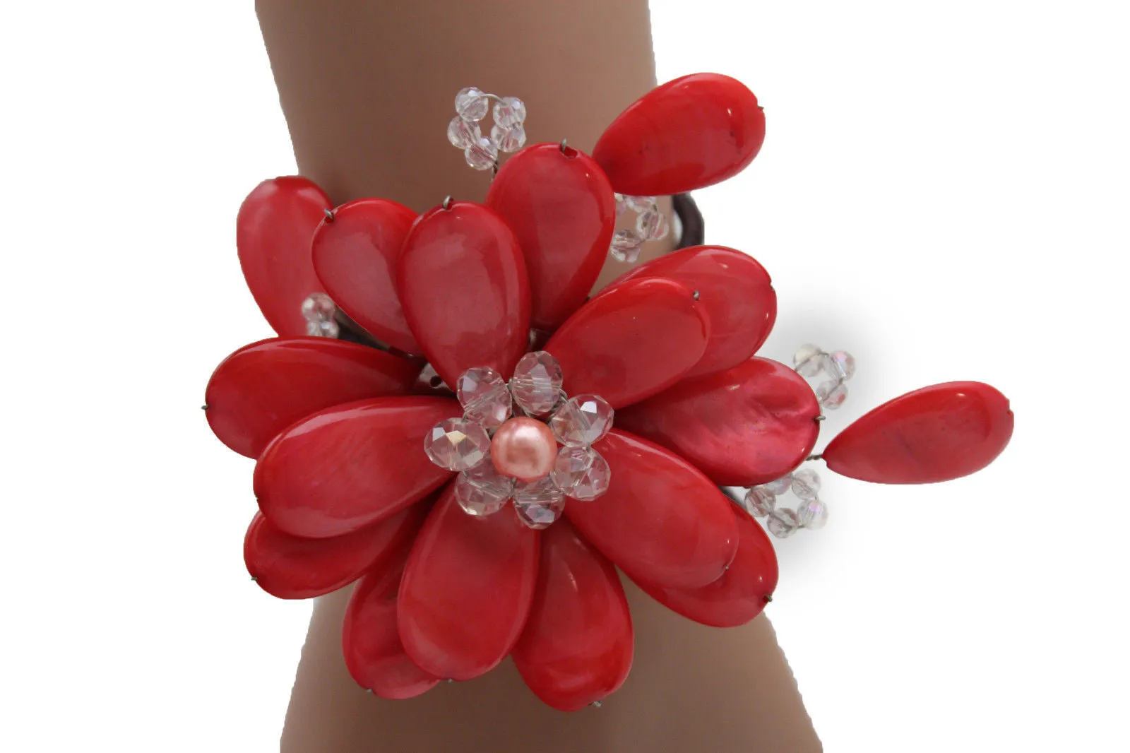 Beaded Stone Flower Bracelet Cuff