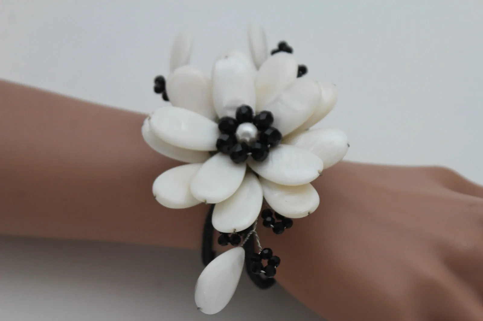 Beaded Stone Flower Bracelet Cuff