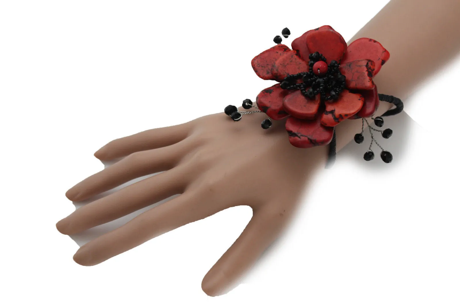 Beaded Stone Flower Bracelet Cuff