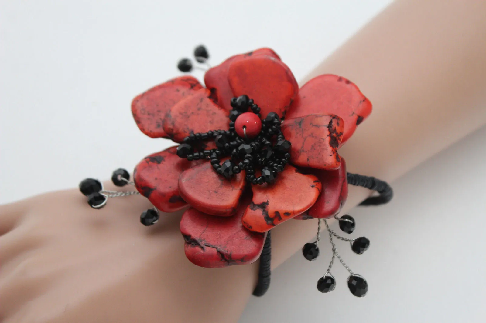 Beaded Stone Flower Bracelet Cuff