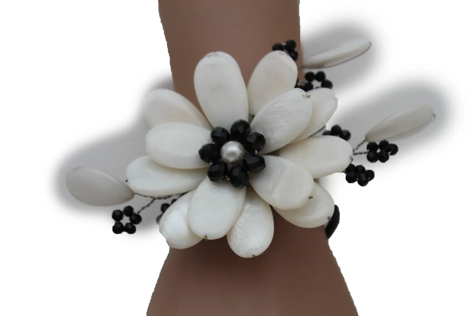 Beaded Stone Flower Bracelet Cuff