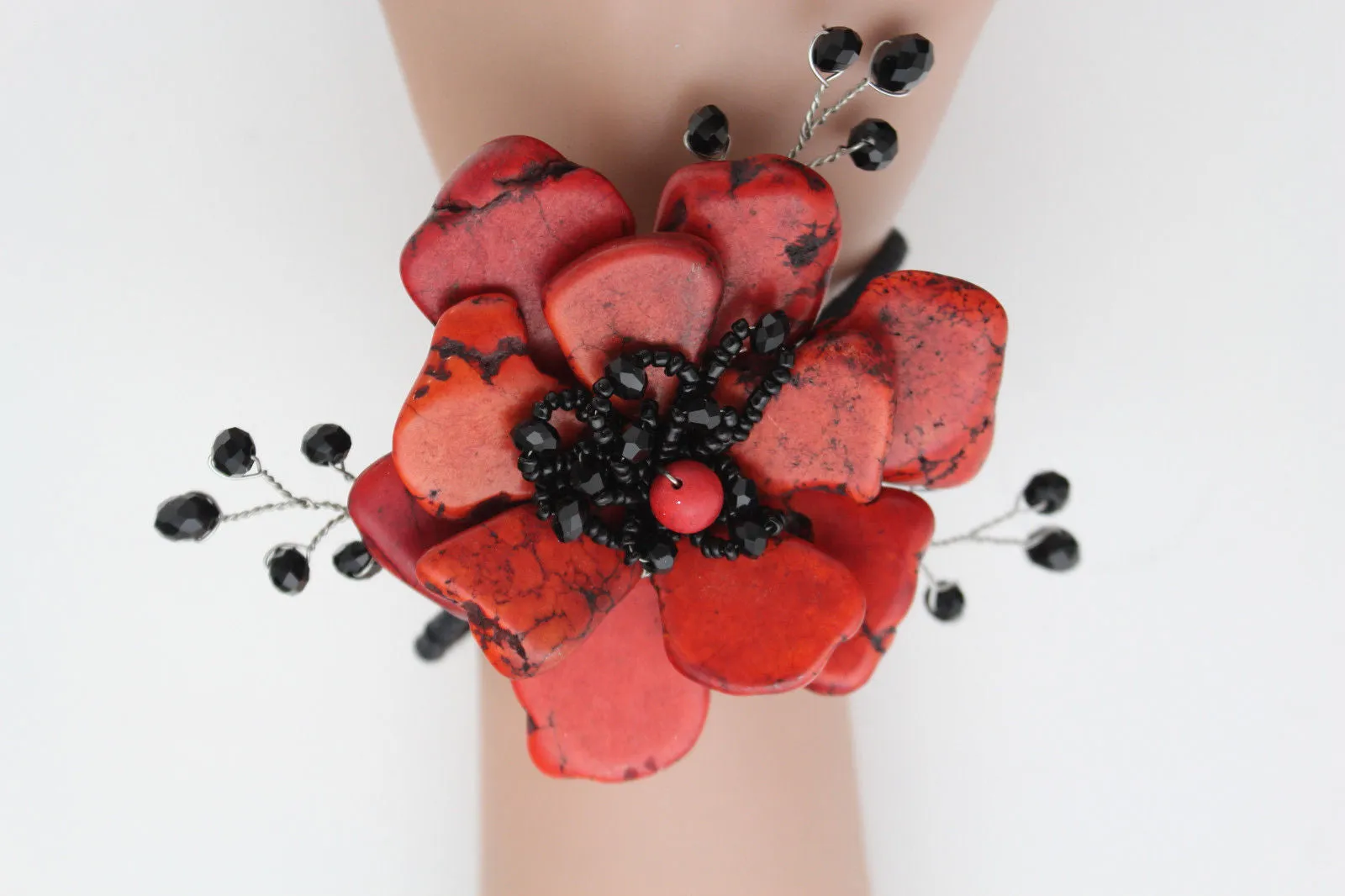 Beaded Stone Flower Bracelet Cuff