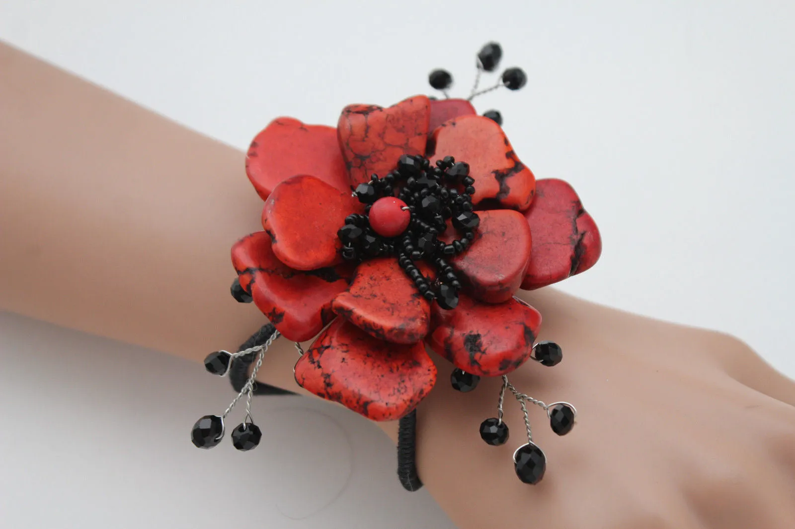 Beaded Stone Flower Bracelet Cuff