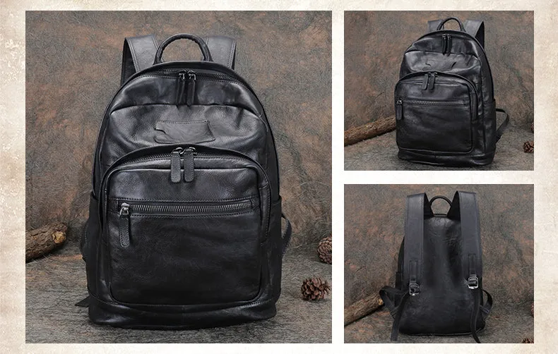 Best Black Gray Leather Rucksack Womens Vintage 16 inches Laptop Backpack Leather School Backpack Purse