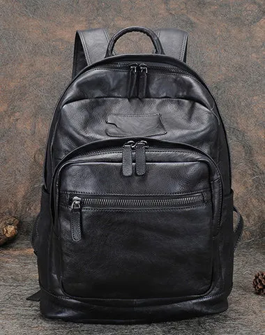 Best Black Gray Leather Rucksack Womens Vintage 16 inches Laptop Backpack Leather School Backpack Purse