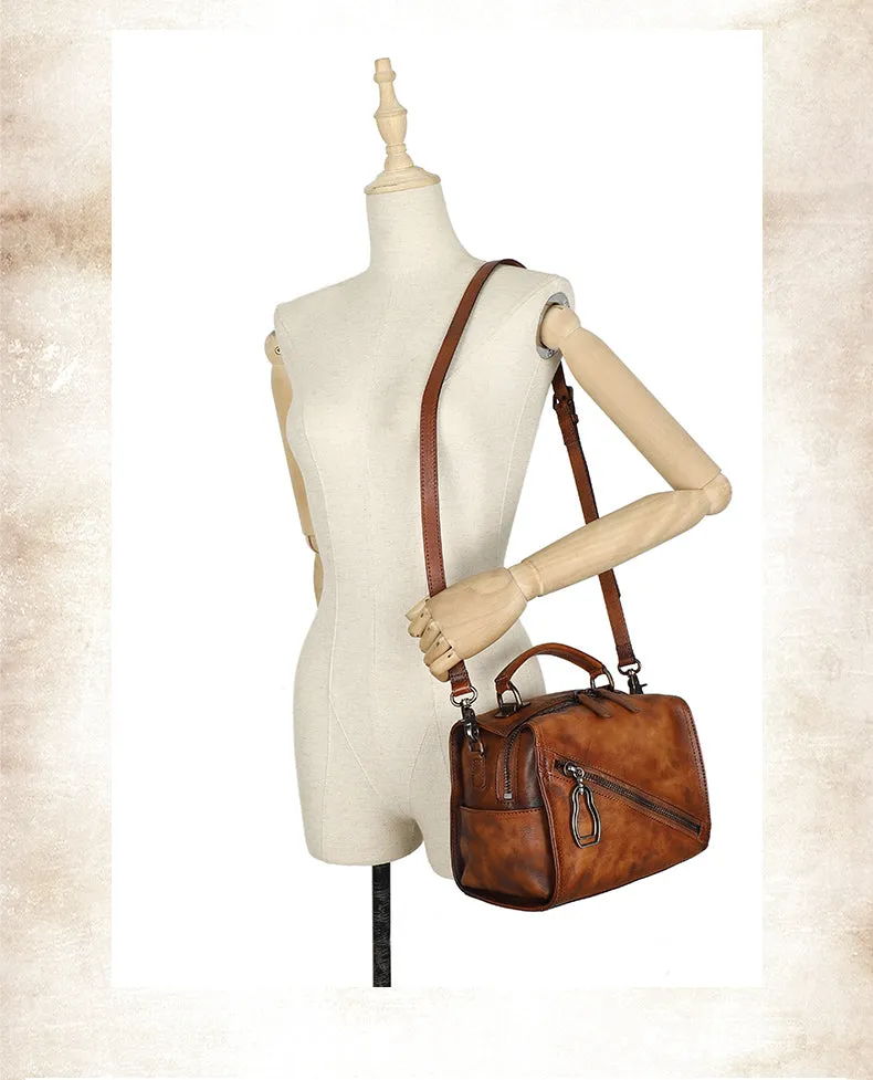 Best Brown Leather Womens Buston Handbag Handmade Cube Handbag Crossbody Purse for Ladies