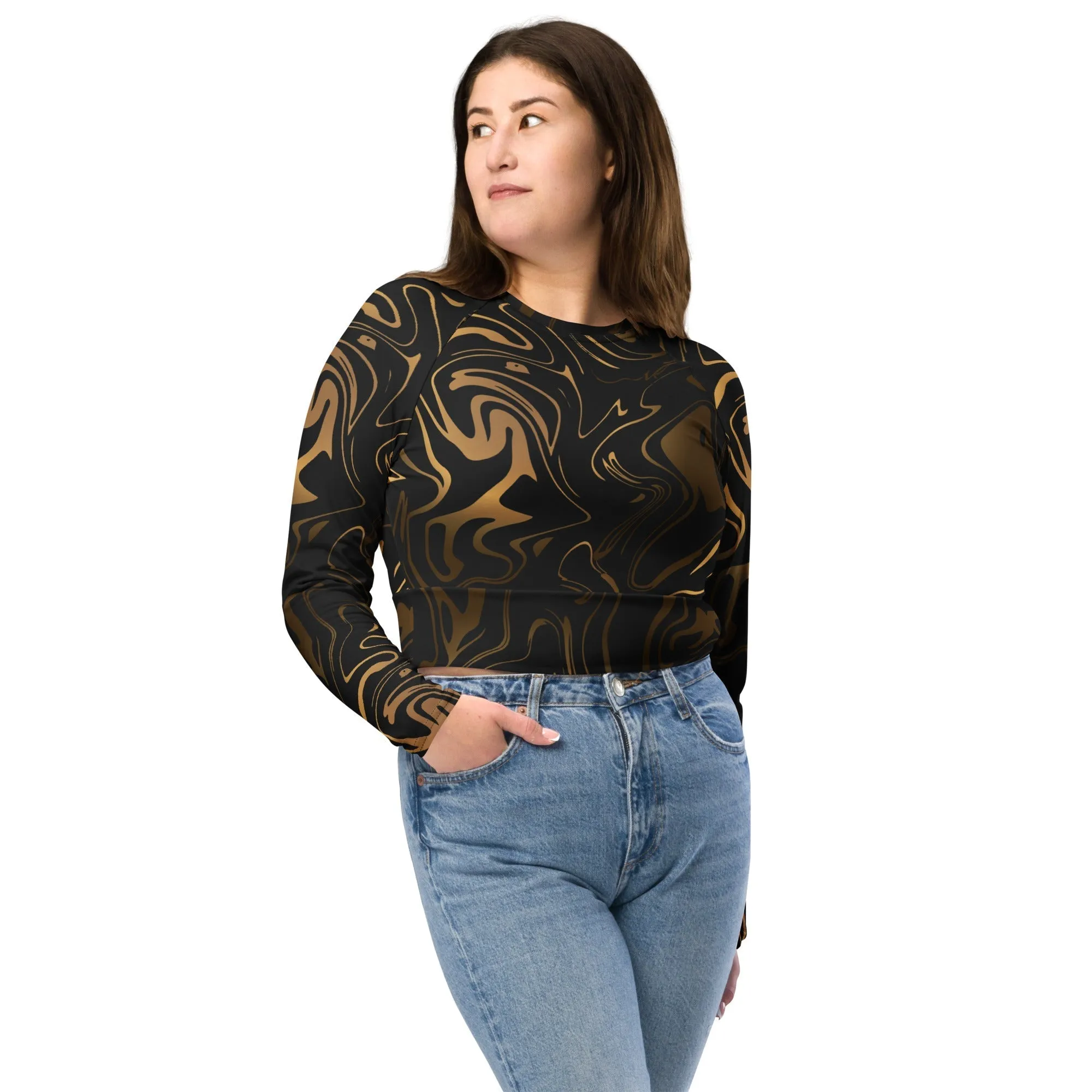 Black & Gold Recycled Long-sleeve Crop Top