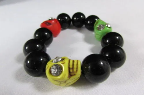 Black Beads Adjustable Bracelet Elastic Yellow Orange Red Green Skulls Halloween