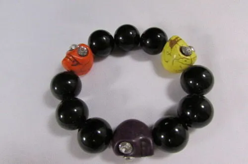 Black Beads Adjustable Bracelet Elastic Yellow Orange Red Green Skulls Halloween