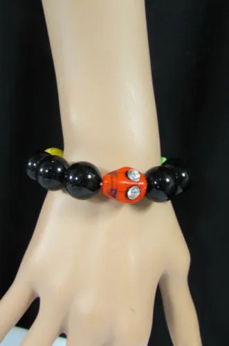 Black Beads Adjustable Bracelet Elastic Yellow Orange Red Green Skulls Halloween