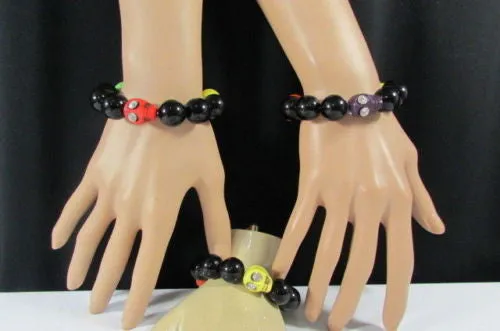 Black Beads Adjustable Bracelet Elastic Yellow Orange Red Green Skulls Halloween