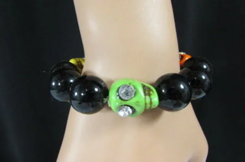 Black Beads Adjustable Bracelet Elastic Yellow Orange Red Green Skulls Halloween