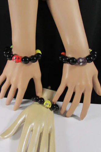 Black Beads Adjustable Bracelet Elastic Yellow Orange Red Green Skulls Halloween