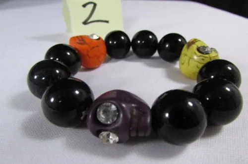 Black Beads Adjustable Bracelet Elastic Yellow Orange Red Green Skulls Halloween