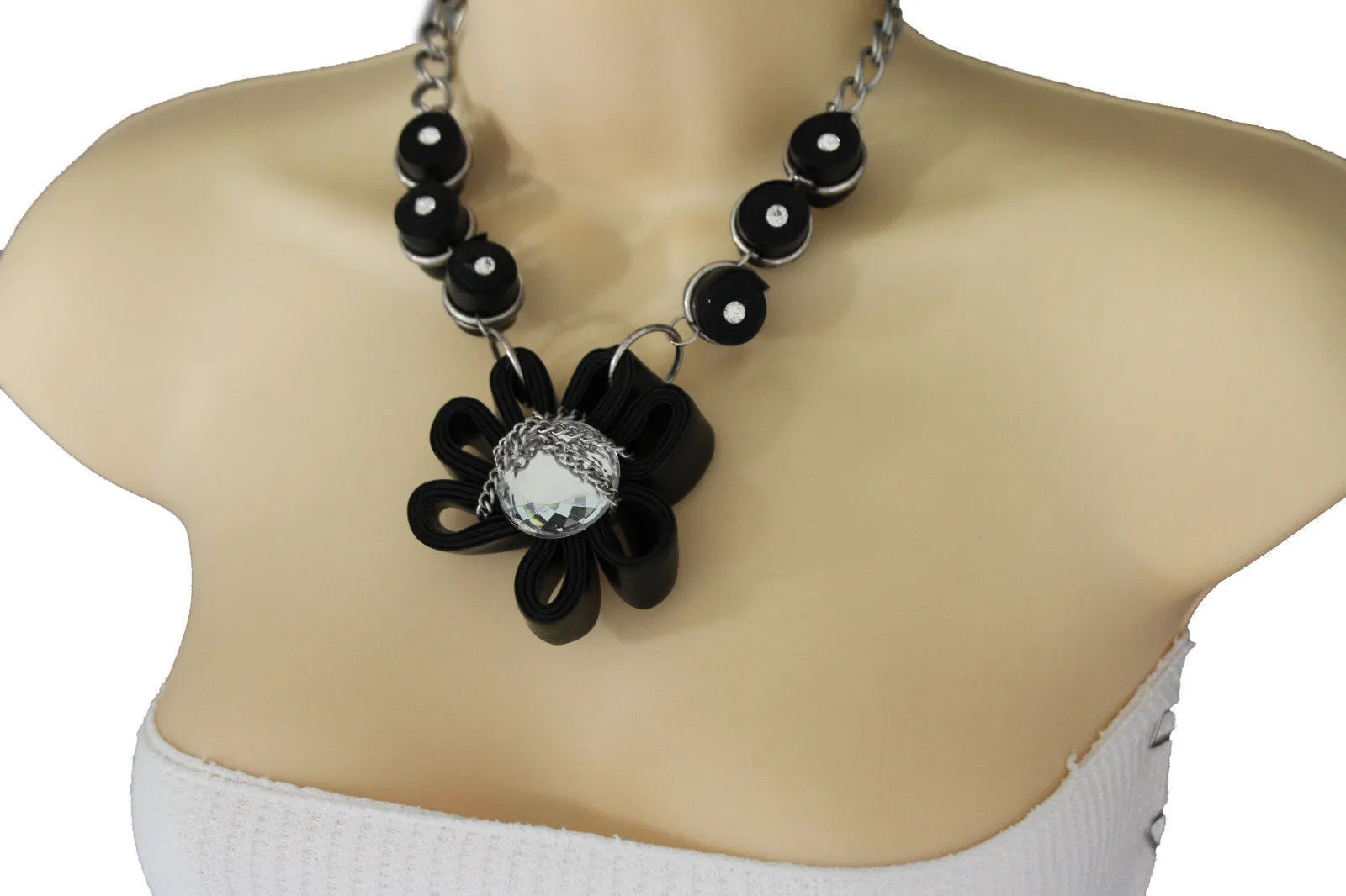 Black Big Fabric Flower Multi Circle Beads Earring Silver Chain Necklace Women