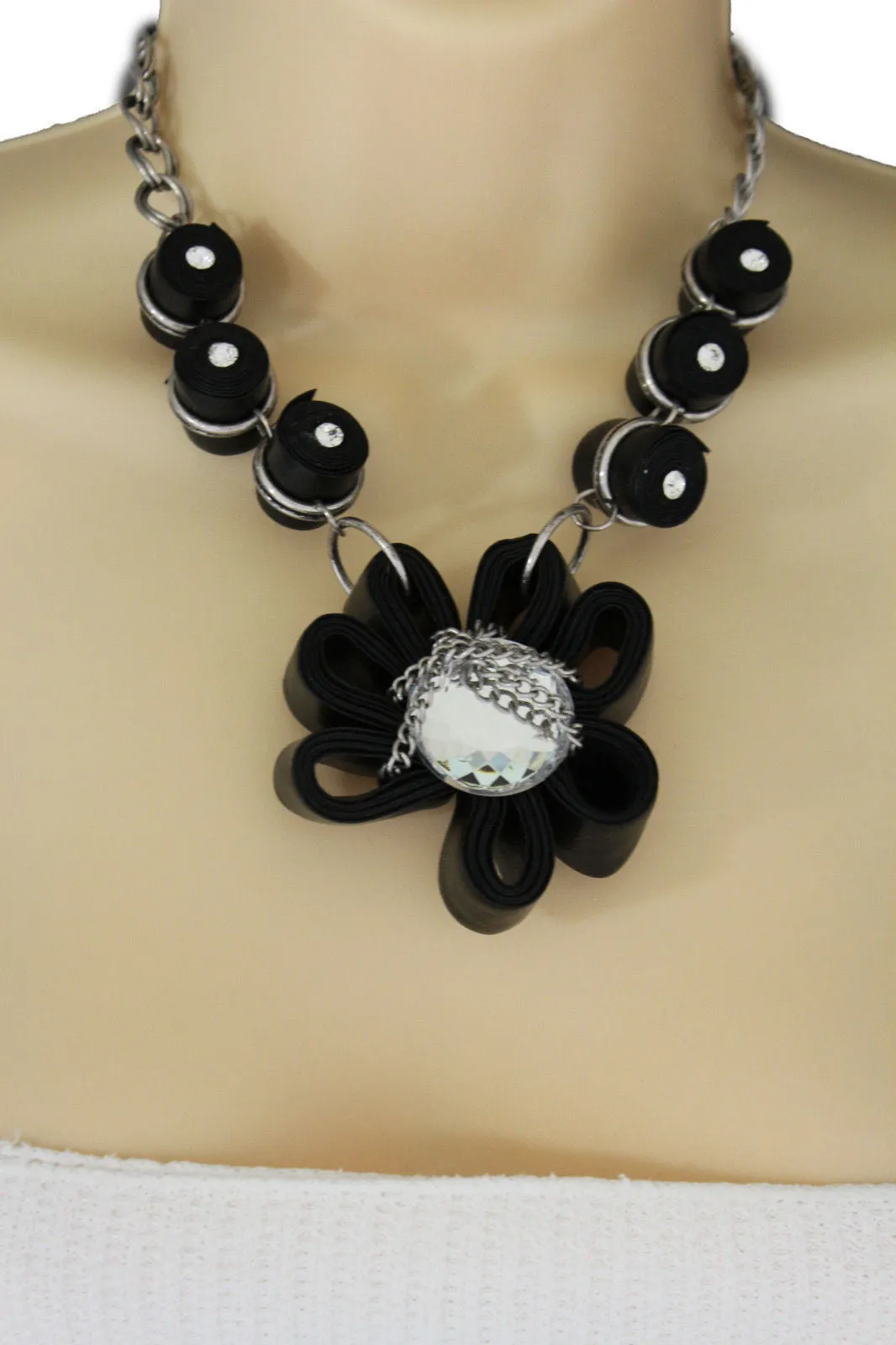 Black Big Fabric Flower Multi Circle Beads Earring Silver Chain Necklace Women