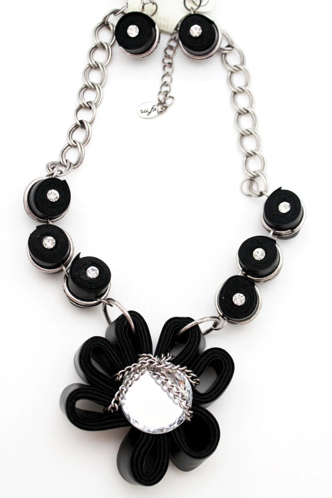 Black Big Fabric Flower Multi Circle Beads Earring Silver Chain Necklace Women