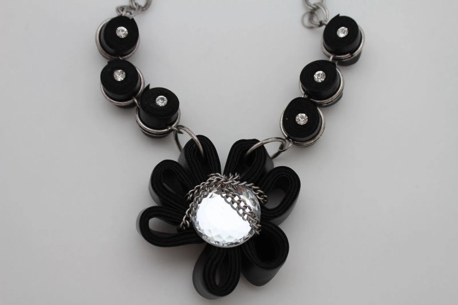 Black Big Fabric Flower Multi Circle Beads Earring Silver Chain Necklace Women