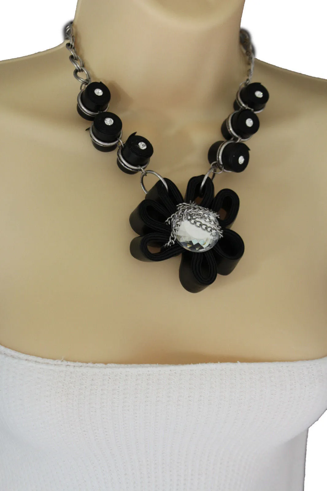 Black Big Fabric Flower Multi Circle Beads Earring Silver Chain Necklace Women