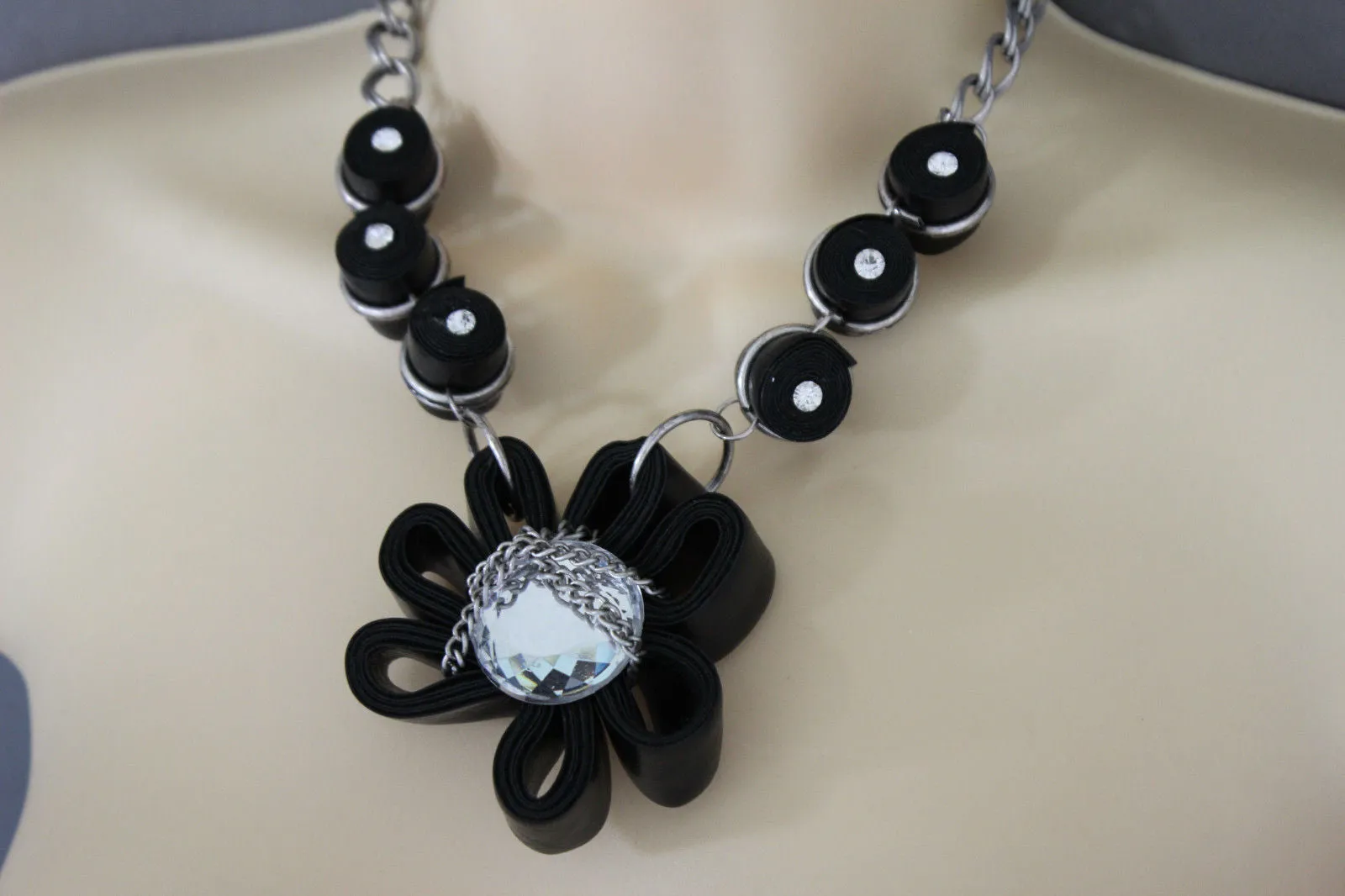 Black Big Fabric Flower Multi Circle Beads Earring Silver Chain Necklace Women