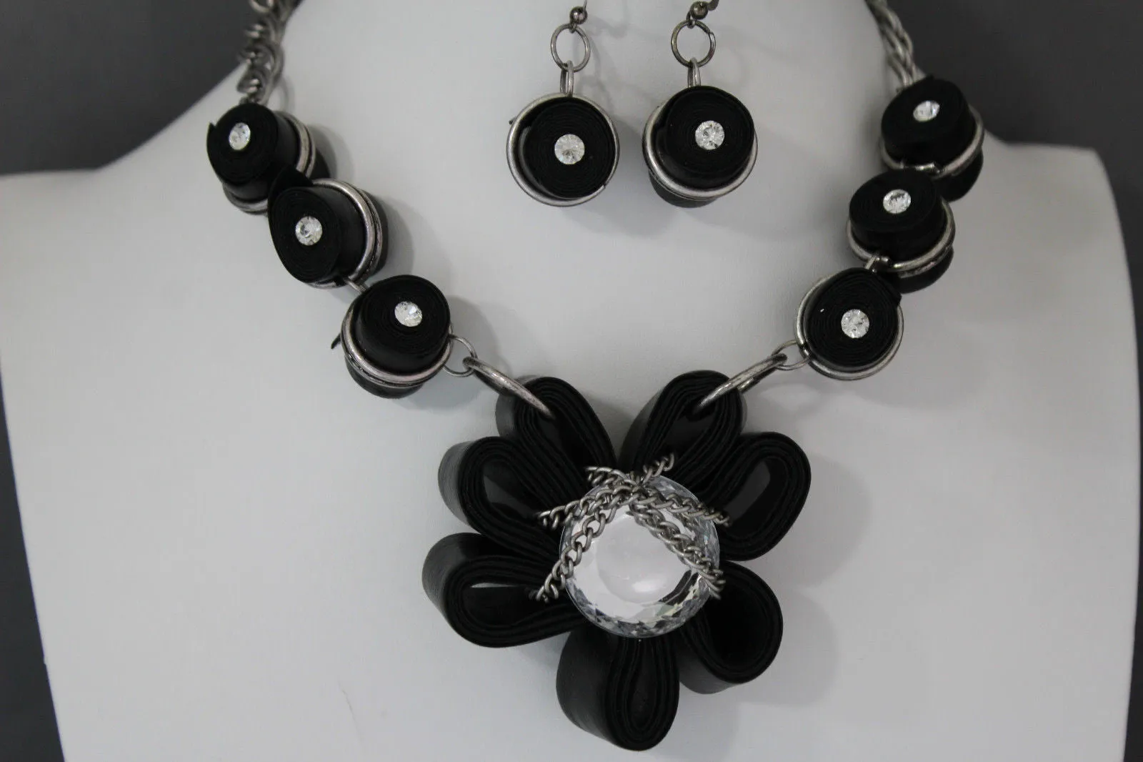 Black Big Fabric Flower Multi Circle Beads Earring Silver Chain Necklace Women