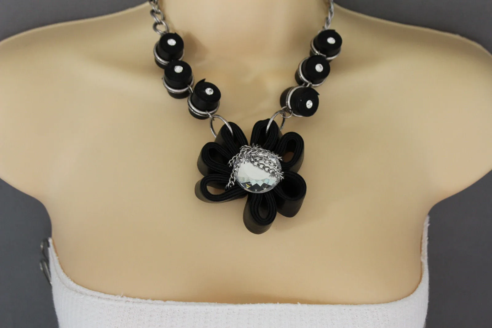 Black Big Fabric Flower Multi Circle Beads Earring Silver Chain Necklace Women