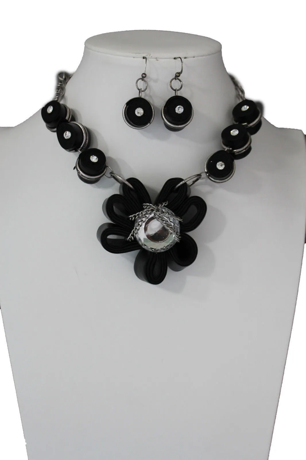 Black Big Fabric Flower Multi Circle Beads Earring Silver Chain Necklace Women