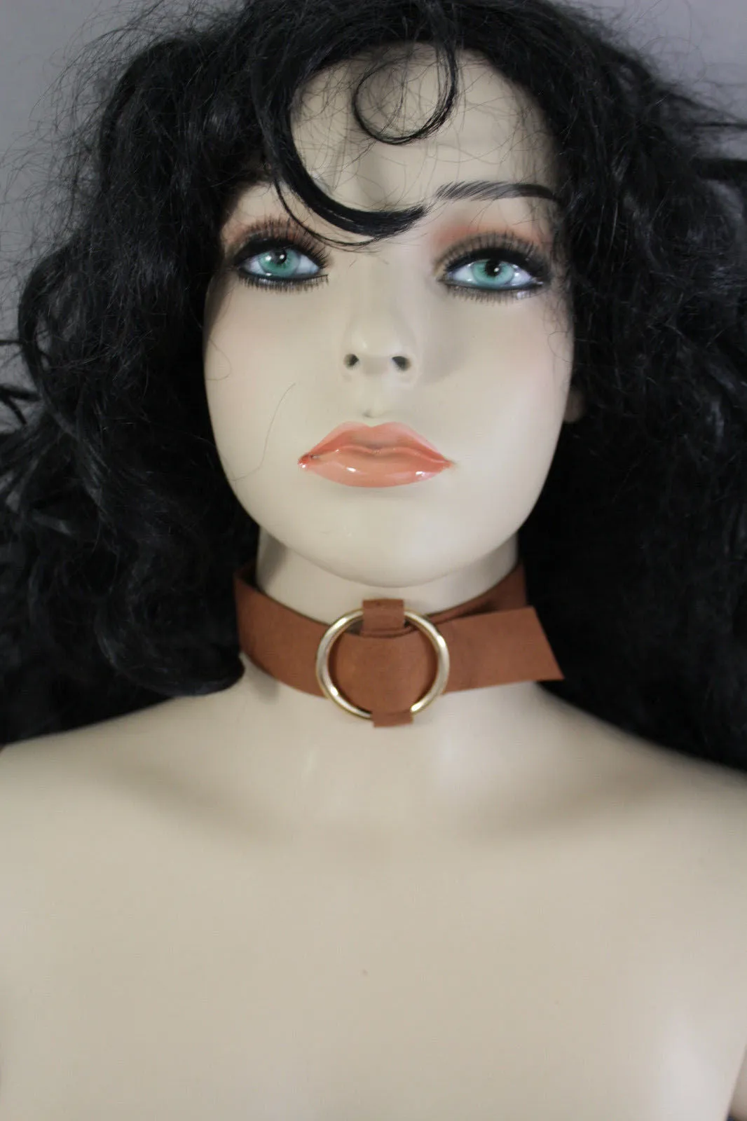 Black Brown Gray Green Red Faux Leather Gold Ring Choker Necklace Accessories