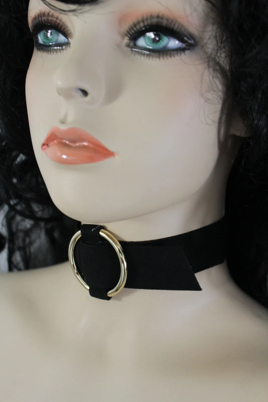 Black Brown Gray Green Red Faux Leather Gold Ring Choker Necklace Accessories