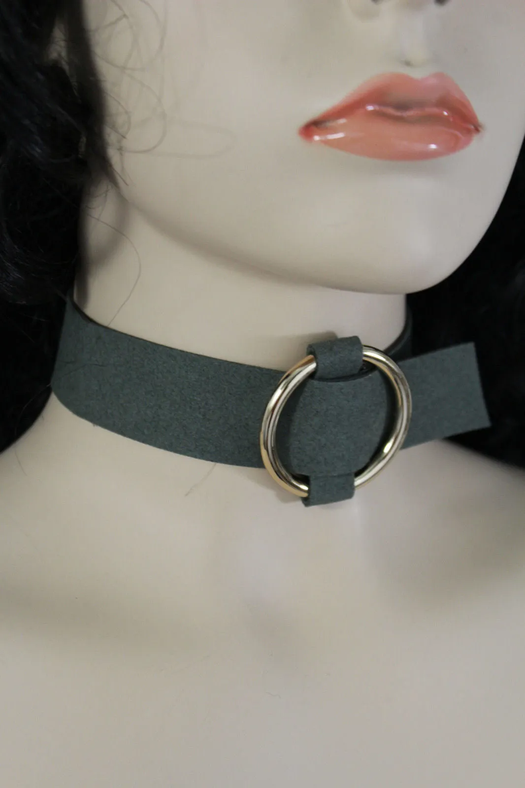 Black Brown Gray Green Red Faux Leather Gold Ring Choker Necklace Accessories