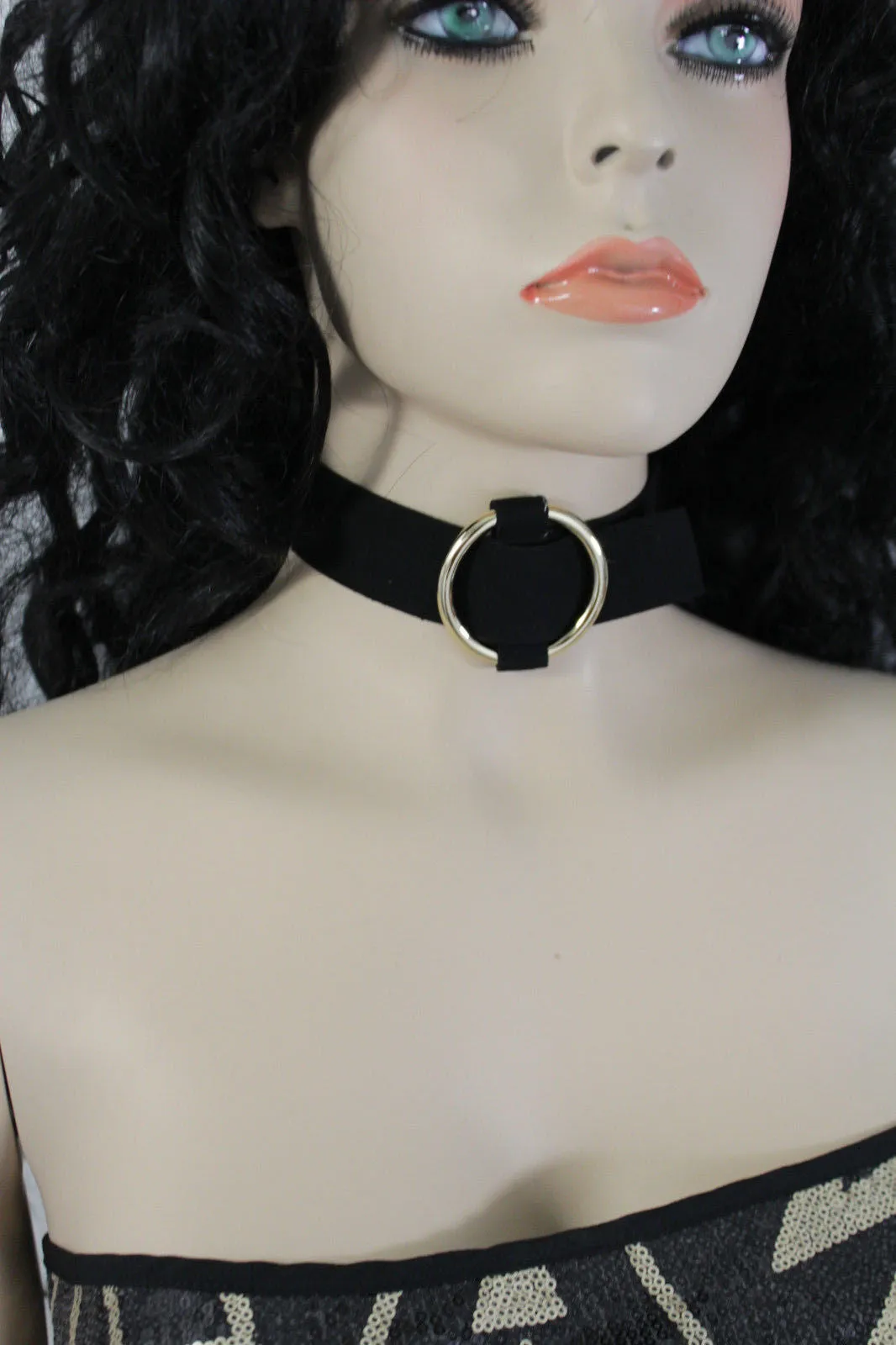 Black Brown Gray Green Red Faux Leather Gold Ring Choker Necklace Accessories