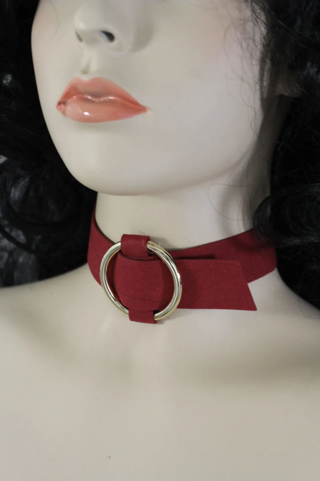 Black Brown Gray Green Red Faux Leather Gold Ring Choker Necklace Accessories