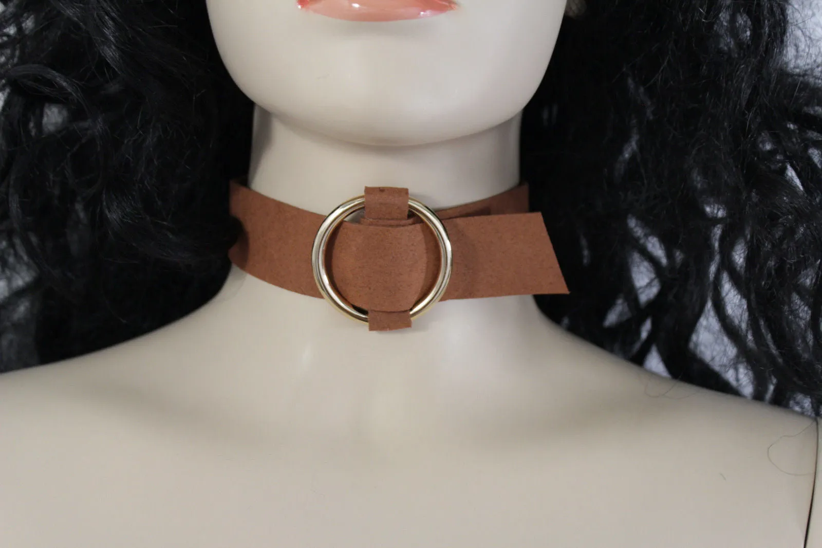 Black Brown Gray Green Red Faux Leather Gold Ring Choker Necklace Accessories