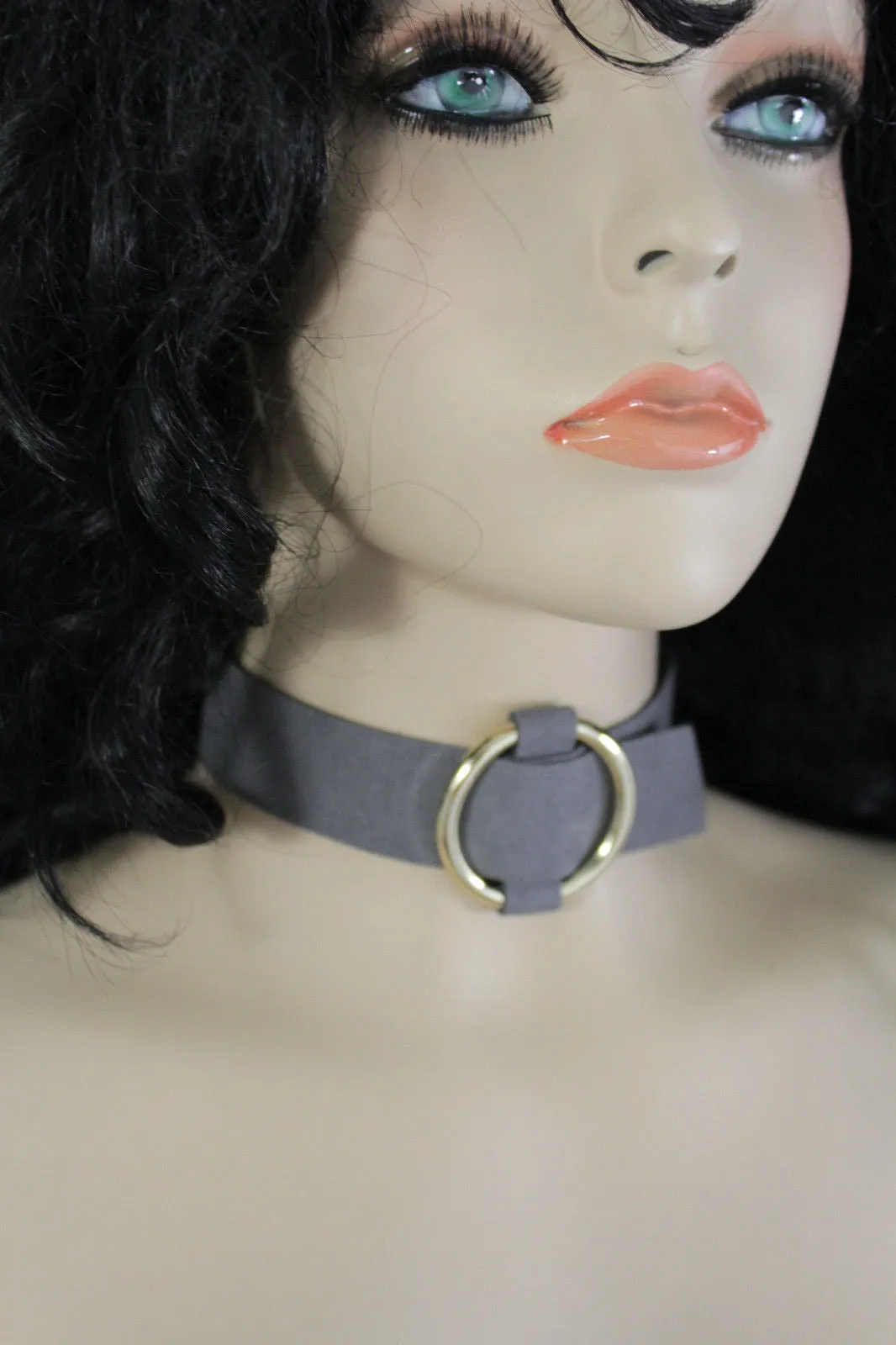 Black Brown Gray Green Red Faux Leather Gold Ring Choker Necklace Accessories