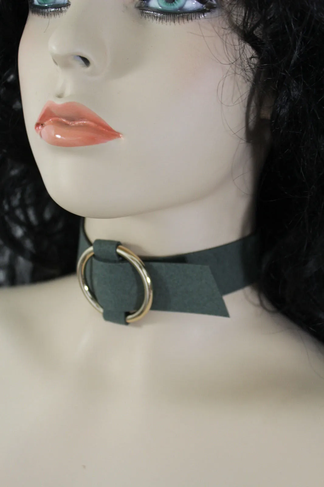 Black Brown Gray Green Red Faux Leather Gold Ring Choker Necklace Accessories