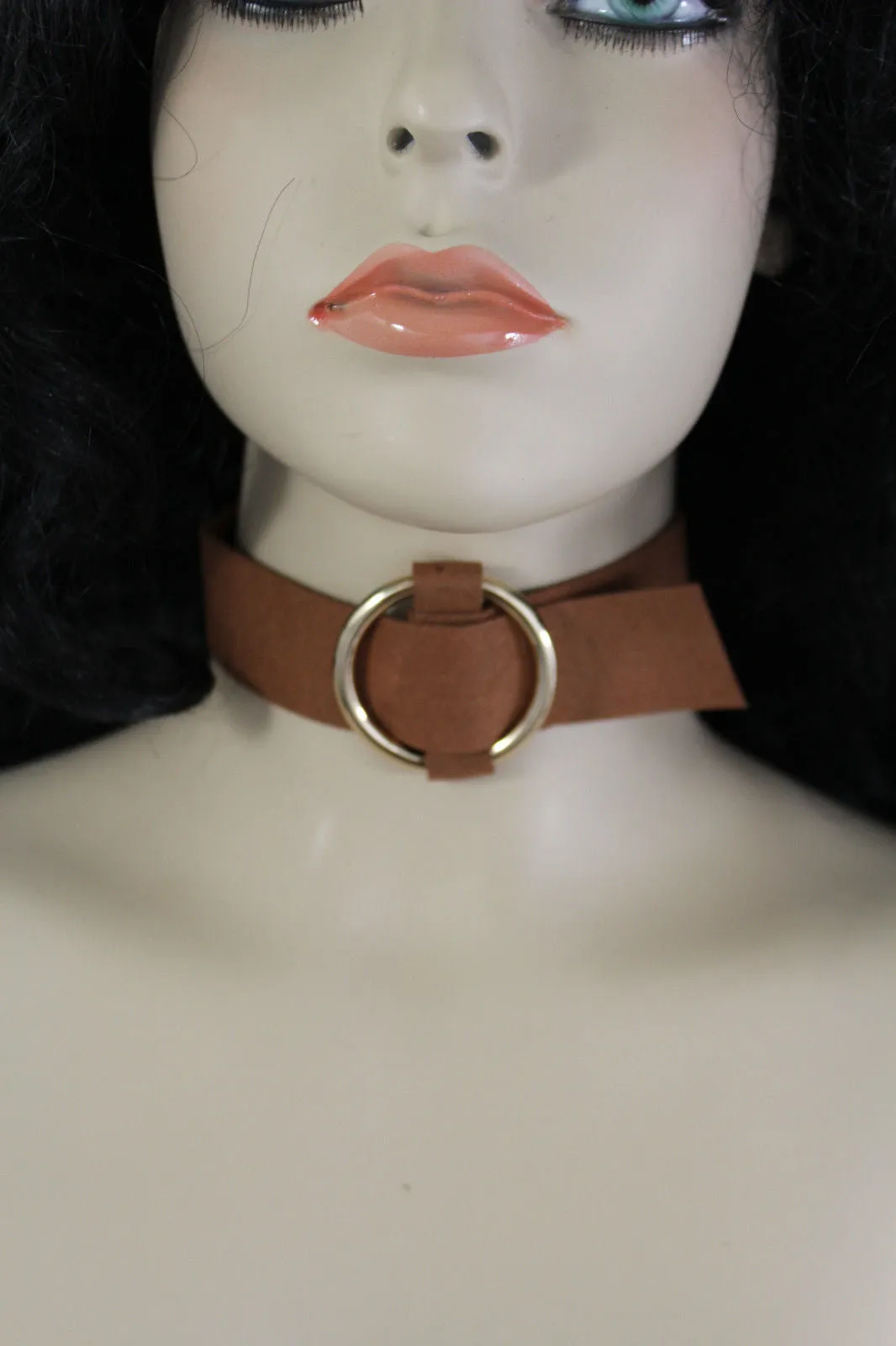 Black Brown Gray Green Red Faux Leather Gold Ring Choker Necklace Accessories